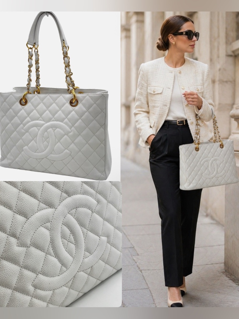CHANEL Grand Shopping Tote GST White Caviar Leather with 24K Gold Hardware